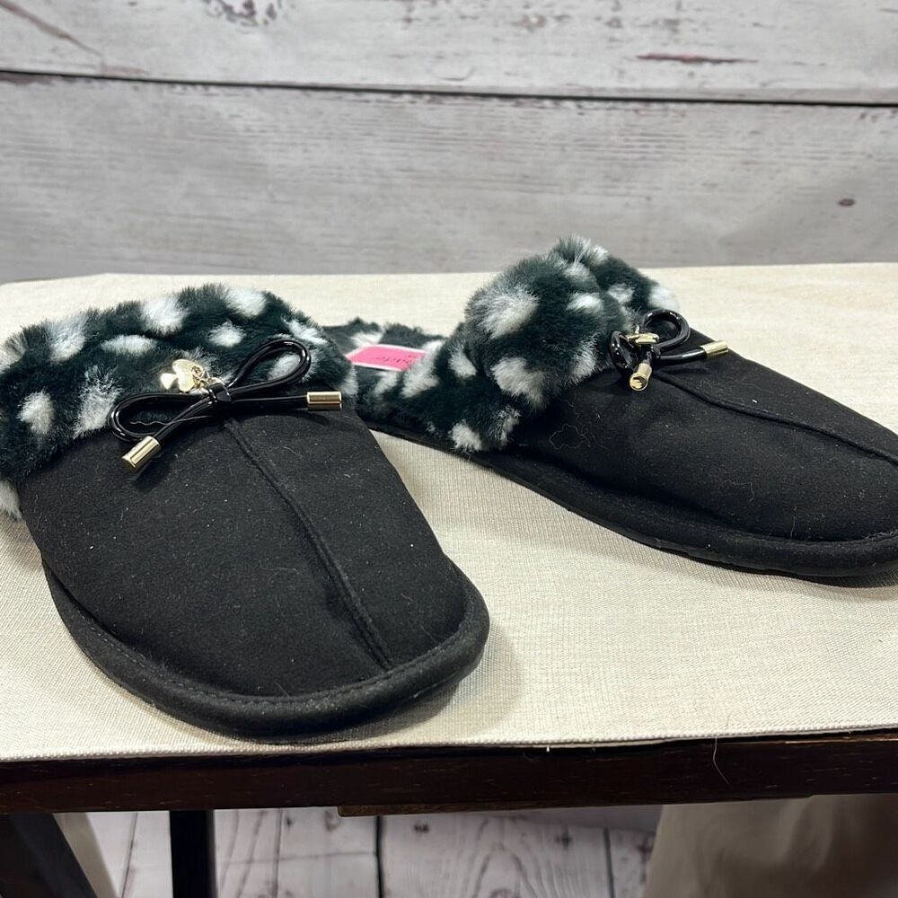 Kate Spade New York Lacey Black White Polka Dot Faux Fur Scuff Slippers Womens 8